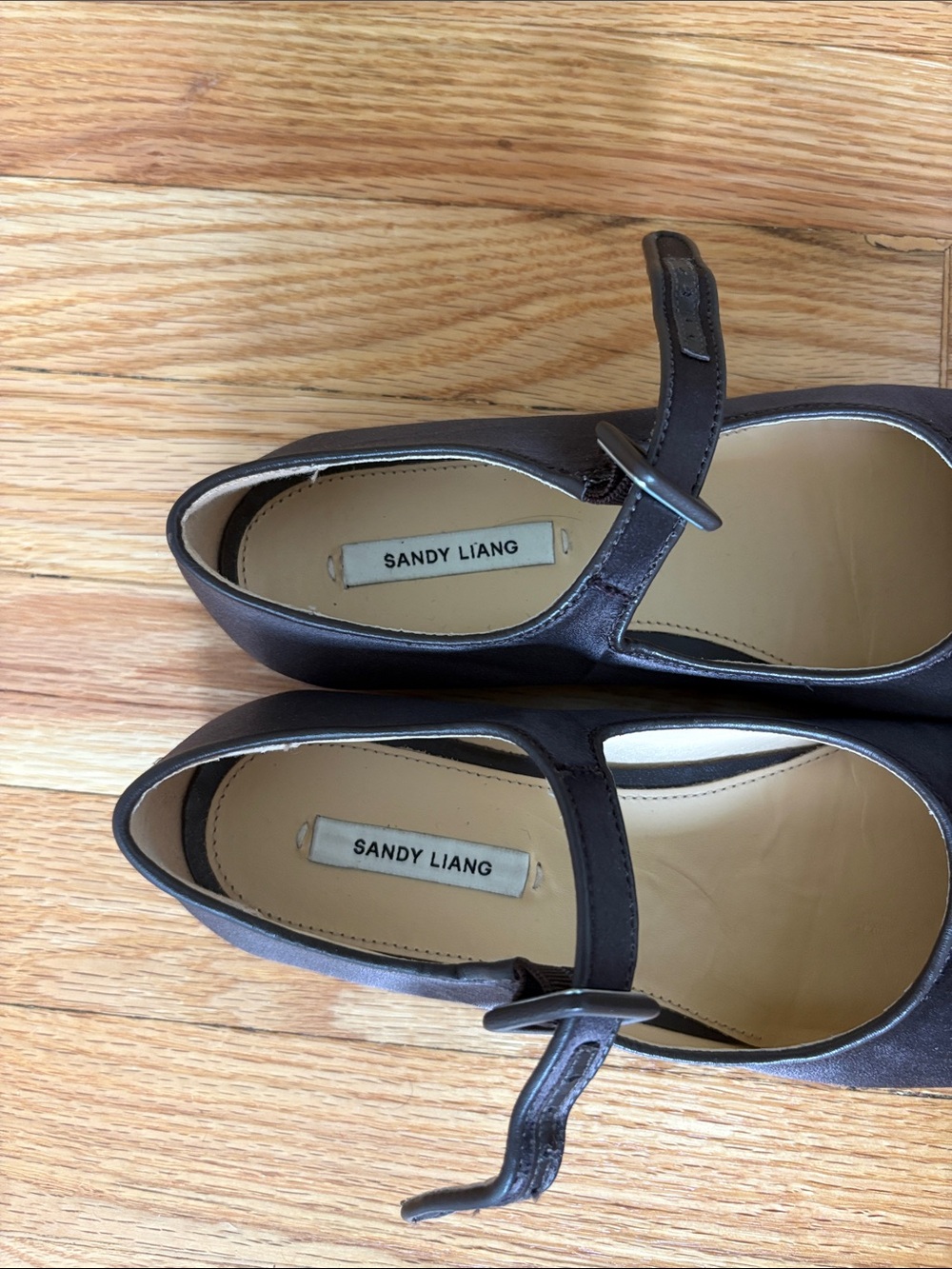 Sandy Liang Dark Brown Satin Mary Jane Flats - Picture 2 of 7